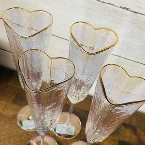 4pc NWT David Tutera Pink Heart Shaped Champagne Flute Gold Rim Romantic wedding